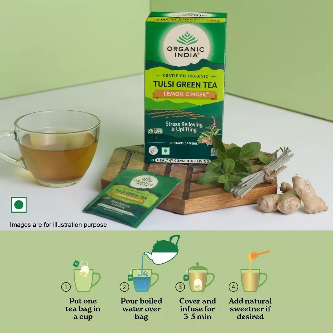 Organic India Tulsi Lemon Ginger Green Tea 4 Pack (100 Bags) – Herbal Wellness
