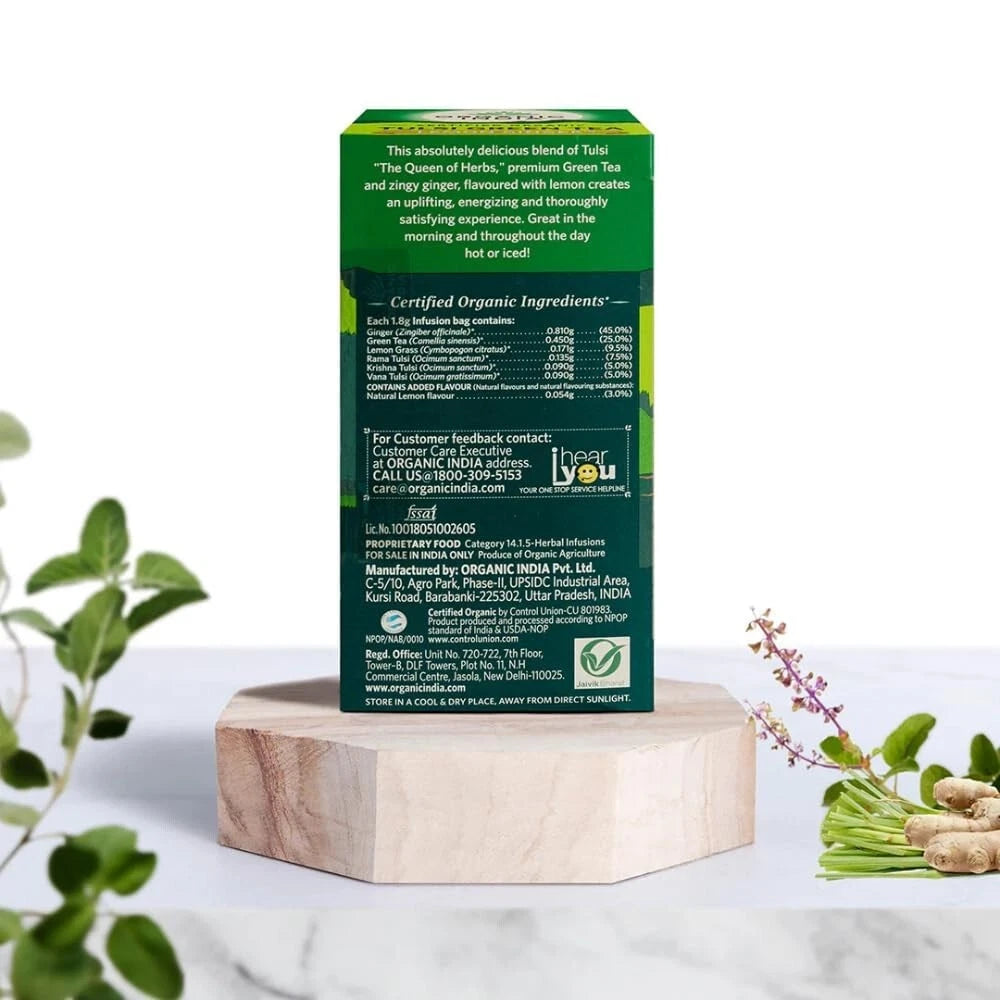 Organic India Tulsi Lemon Ginger Green Tea 4 Pack (100 Bags) – Herbal Wellness