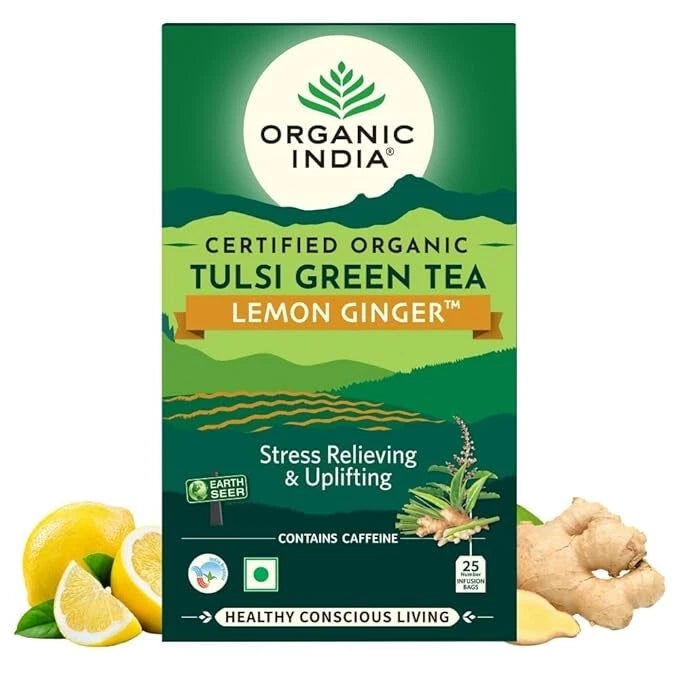 Organic India Tulsi Lemon Ginger Green Tea 4 Pack (100 Bags) – Herbal Wellness