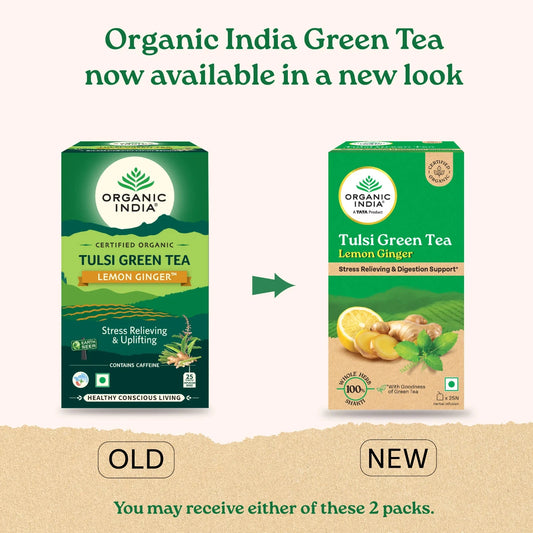 Organic India Tulsi Lemon Ginger Green Tea 4 Pack (100 Bags) – Herbal Wellness
